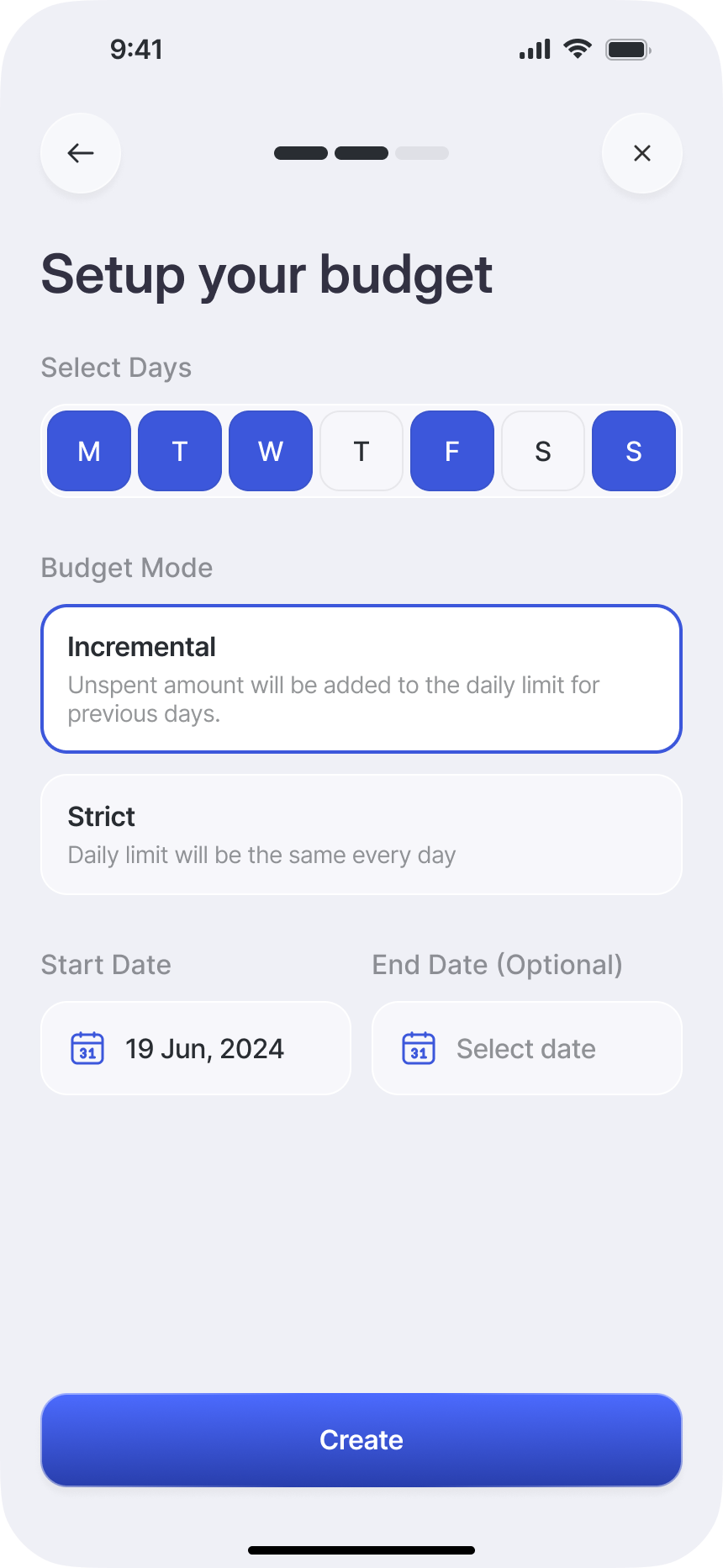 Budget setup screen